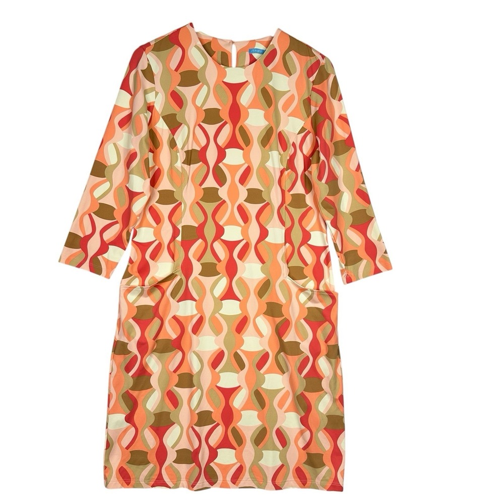J. McLaughlin Catalina Cloth Shift Dress L Retro Mod Geometric Print 3/4 Sleeve